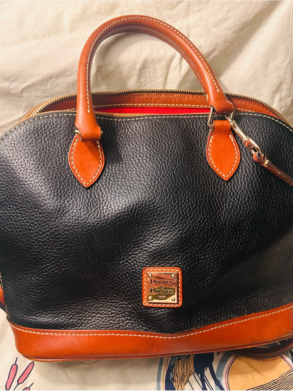 Dooney & Bourke Black Pebbled Leather Satchel with Brown Trim